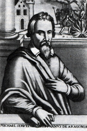 Мигуэль Сервет (1509-1553). На заднем плане изображено его сожжение